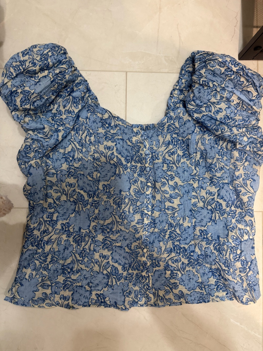 Habitual Blue Floral Puff-Sleeve Square Neck Crop Top